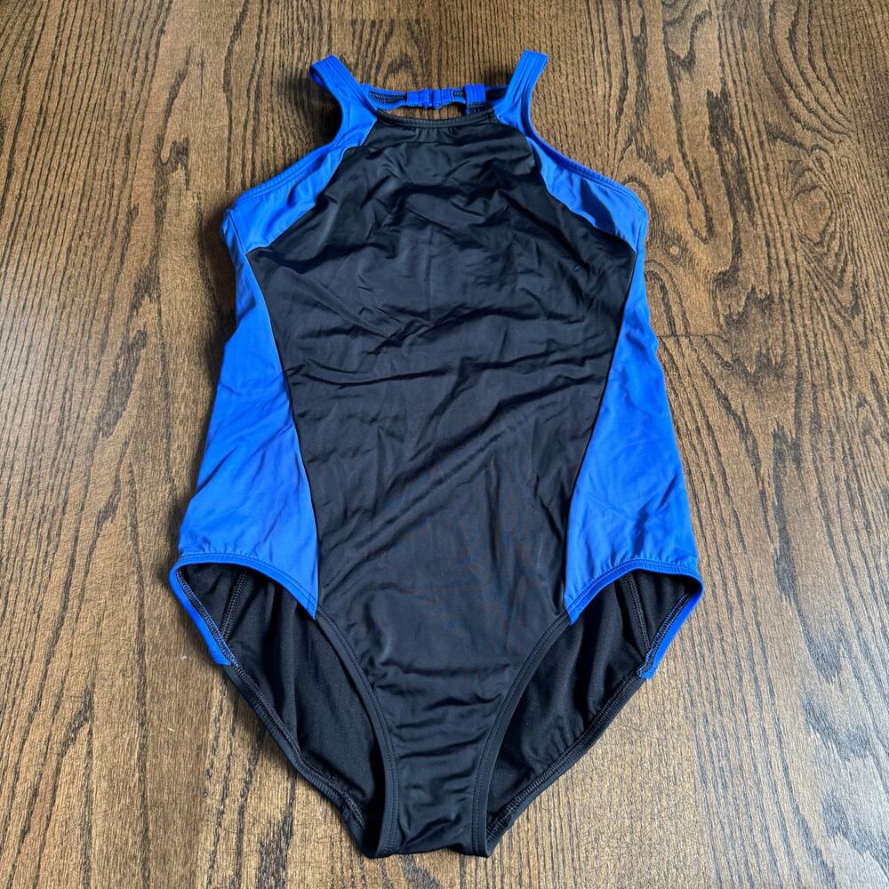 Lands End Womens Black Blue Halter Color Block One Piece Swim Suit Size 12